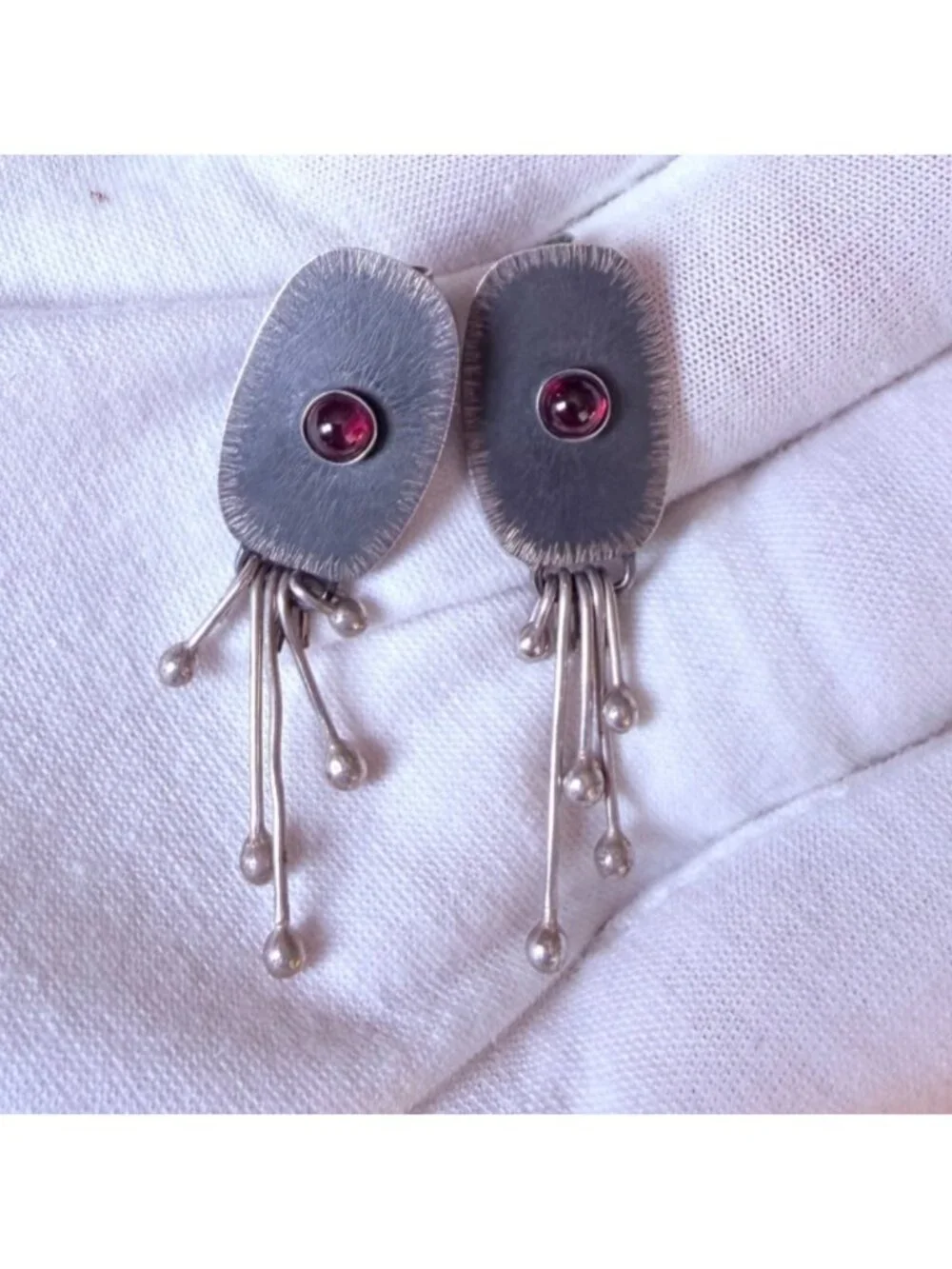 Handcrafted Oxidized Silver Dangle Earrings Red Stone Accent Modern Abstract